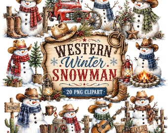 20 Western Christmas Snowman Clipart | Cowboy PNG | Rustic Winter Christmas | Digital Stickers