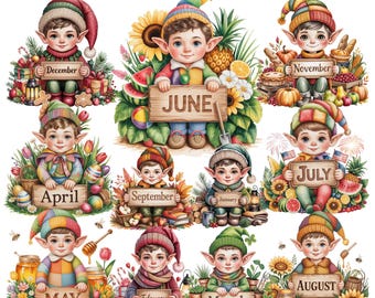 エルフカレンダークリップアート 24 PNG | 季節の要素を持つ月間キャラクター | 印刷可能な月間 | プランナーステッカー