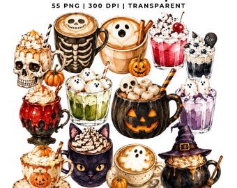 55 Halloween Coffee Clipart Bundle | Spooky Drinks PNG | Digital Download
