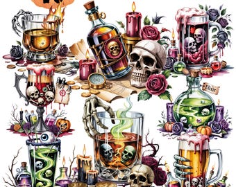 Dark Halloween Alcohol Clipart 16 PNG | Haunted Bar Drinks | Spooky Wine, Whiskey & Beer Watercolor