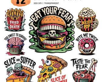 ハロウィンフードクリップアート集 | 不気味なゾンビピザ、不気味なバーガー、ホラースナック12種類のPNGセット