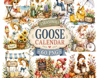 60 Seasonal Goose Calendar Clipart PNG | Cozy Cottage Style | Digital stickers | 300 DPI