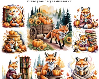 Paquete de imágenes PNG de zorros otoñales: Gráficos acogedores de cosecha de otoño (12 imágenes PNG)