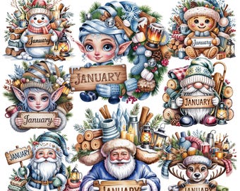 Enero: Papá Noel y sus amigos / Personajes navideños acogedores de invierno / Calendario mensual 17 PNG