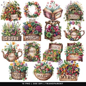 May include: Watercolor illustrations featuring floral arrangements, wreaths, and containers filled with flowers, mushrooms, and berries. Each design includes the word "March" on a wooden sign or label. The images are in a vibrant, colorful style.