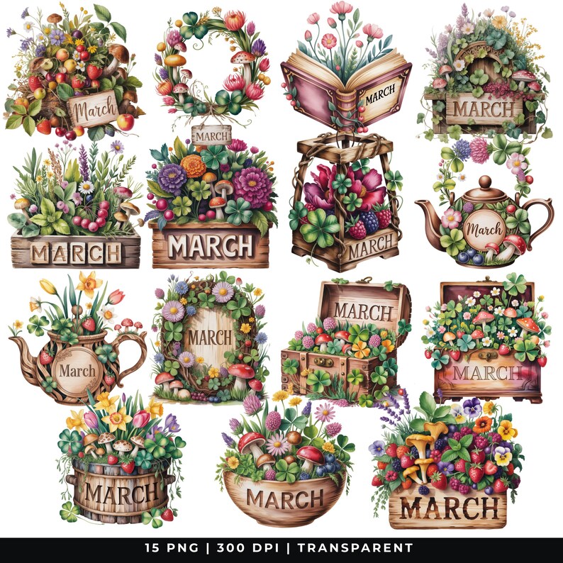May include: Watercolor illustrations featuring floral arrangements, wreaths, and containers filled with flowers, mushrooms, and berries. Each design includes the word "March" on a wooden sign or label. The images are in a vibrant, colorful style.