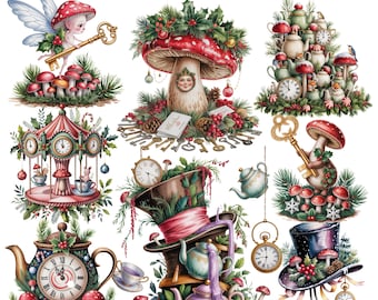 ワンダーランド・ユール・ドリームス | 15 PNGクリップアート | キノコの妖精のティーパーティー | マッドハッターハット