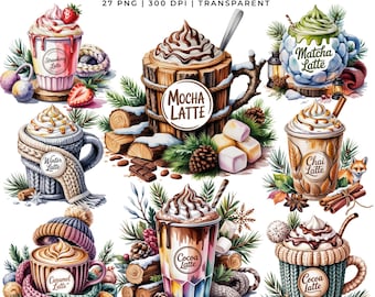冬の居心地の良い飲み物のクリップアート | 27種類のPNG水彩ドリンク | ホリデーカフェ | プランナーステッカー