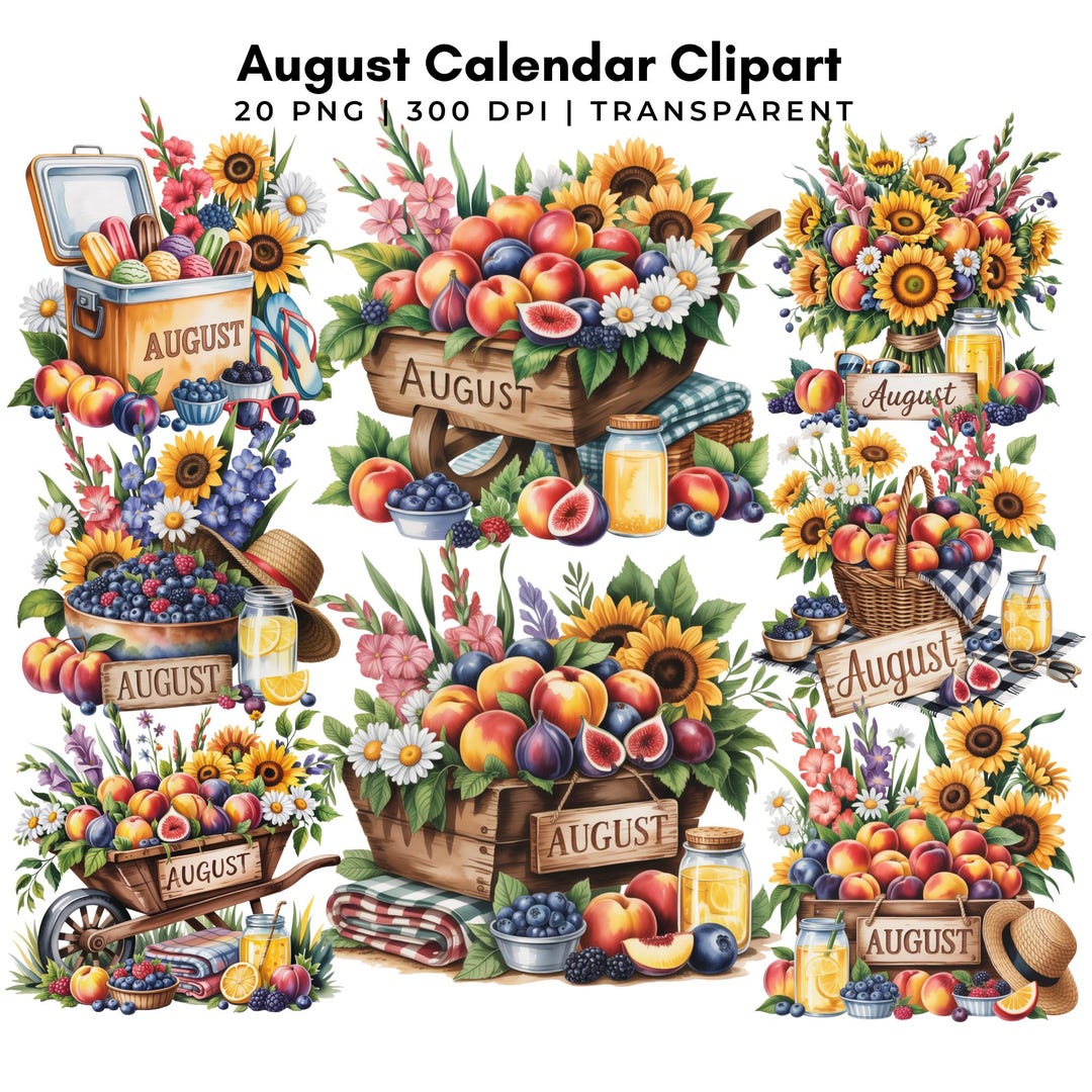 August Calendar Clipart 20 PNG | Summer Harvest, Sunflower, Peach Fruit ...