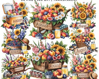 8月のカレンダークリップアート20 PNG | 夏の収穫、ひまわり、桃の実 | プランナーステッカー