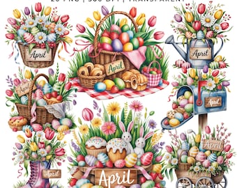 4月のイースターガーデンのクリップアート20 PNG | うさぎの卵と花 | 春のバスケットの花柄 | プランナーステッカー