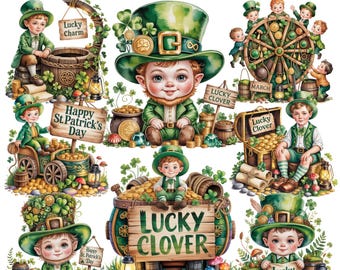 St. Patrick’s Day Clipart 26 PNG | Leprechaun Kids | Lucky Clover | Irish Holiday | Digital Stickers
