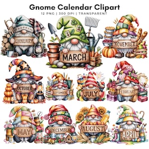 Pode incluir: Uma coleção de 12 imagens clipart de gnomos em aquarela, cada uma representando um mês do ano. Os gnomos seguram placas de madeira com o nome do mês e são cercados por itens sazonais como abóboras, flores e ferramentas de jardinagem.