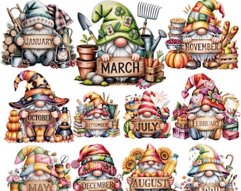 ノームカレンダークリップアートバンドル | 季節のノーム 12 PNG | 印刷可能な月間 | プランナーステッカー