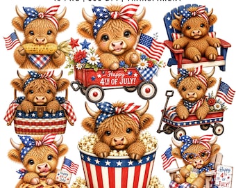 16 Patriotic Baby Highland Cow Clipart PNG | 4th of July | Independence Day | USA Flag