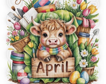 赤ちゃんハイランド牛の春のクリップアート 25 PNG | こんにちは春のイラスト | デジタルステッカー