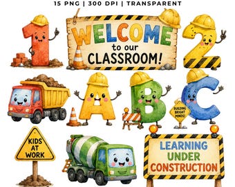 15 Construction Classroom Clipart | Back to School PNG | Teacher Decor | Planner Stickers