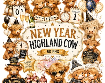 2027 New Year Highland Cow 50 PNG | Festive Cow Clipart | Digital Stickers