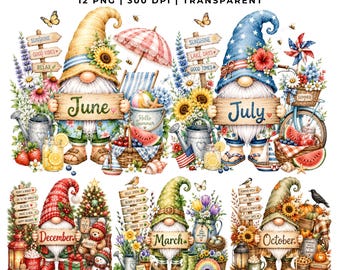 12 Monthly Gnome Clipart Bundle | Seasonal Gnomes PNG | Printable Monthly | Planner Stickers