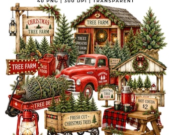 40 Christmas Tree Farm Clipart | Vintage Christmas PNG | Rustic Farmhouse Holiday | Red Truck, Winter