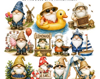 30 Summer Gnomes Clipart | Beach Gnome PNG | Lemonade, BBQ, Nautical | Digital Download | Commercial Use