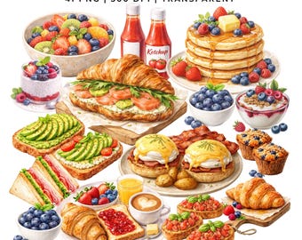 Breakfast Brunch Clipart 41 PNG | Watercolor Breakfast, Pancakes Croissant Avocado Toast | Planner Stickers