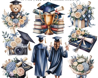 青い卒業式用花柄17 PNG | 2026年卒業生 | テディベア、卒業証書、花束 | プランナーステッカー