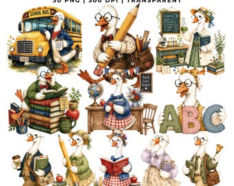 30 Teacher Goose Clipart Bundle | School PNG | Back to School | Classroom | Planner Stickers