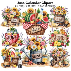 Puede incluir: Conjunto de imágenes prediseñadas de acuarela con ilustraciones temáticas de junio. Incluye cestas de picnic, arreglos florales con girasoles, frutas y limonada. La palabra "June" se muestra en letreros y recipientes de madera. El conjunto también incluye elementos de playa como sombreros y conchas.