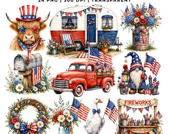 24 Patriotic Farmhouse Clipart | Americana PNG | 4th of July | Vintage Truck | Planner Stickers