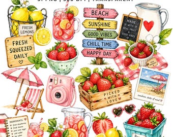 31 Jordgubbslemonad Clipart | Sommarvattenfärg PNG | Jordgubbs- och citronclip art | Planer stickers