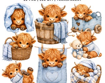 20 Baby Boy Highland Cow Clipart | Watercolor Baby Shower PNG | Farm Animal, Nursery Decor