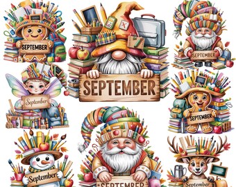 Septiembre: Papá Noel y sus amigos / Personajes navideños otoñales acogedores / Calendario mensual 15 PNG