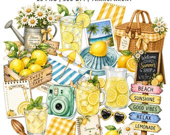 25 Summer Lemonade Clipart Bundle | Lemon Watercolor PNG | Beach Picnic | Yellow Summer | Planner Stickers