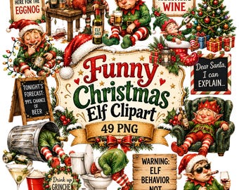 49 Funny Christmas Elf Clipart | Whimsical Holiday Drinks PNG | Digital Stickers | 300 DPI