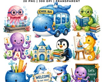 20 Ocean Classroom Clipart | Under the Sea School PNG | Back to School | Nursery Decor