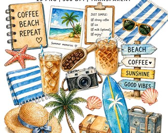 20 Summer Iced Coffee Clipart | Beach Coffee PNG |Tropical Vacation | Planner Stickers