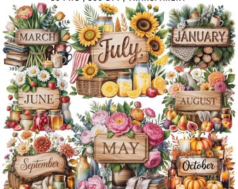 季節の花の月間カレンダー 36 PNG | 心地よい植物の月間イラスト | デジタルステッカー