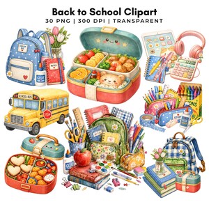 Può includere: Illustrazione ad acquerello di materiale scolastico e portapranzo. Include zaini, quaderni, matite, pastelli, un autobus scolastico e una calcolatrice. Il testo "Back to School Clipart" è in alto. L'immagine è trasparente.