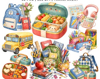 Back to School Clipart 30 PNG | Lunchbox Backpack, School Supplies, Teacher Graphics | Planner Stickers