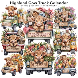May include: A watercolor illustration of a Highland cow in a vintage truck, each truck representing a month of the year. The trucks are filled with seasonal items like flowers, gifts, and produce. The months are labeled on the trucks.