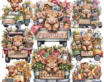 ハイランド牛のトラックのカレンダークリップアート 24 PNG | 農場のトラックの動物 | プランナーステッカー