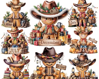Calendario de vaqueros de jengibre (40 PNG) / Calendario mensual de jengibre occidental / 300 DPI / Transparente