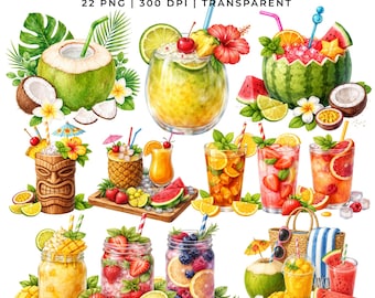 22 Summer Drinks Clipart | Tropical Beverage PNG | Watercolor Summer | Planner Stickers