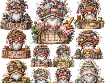 居心地の良いノームの月間カレンダー 24 PNG | デジタルステッカー | 12ヶ月の季節のノーム | 透明な背景