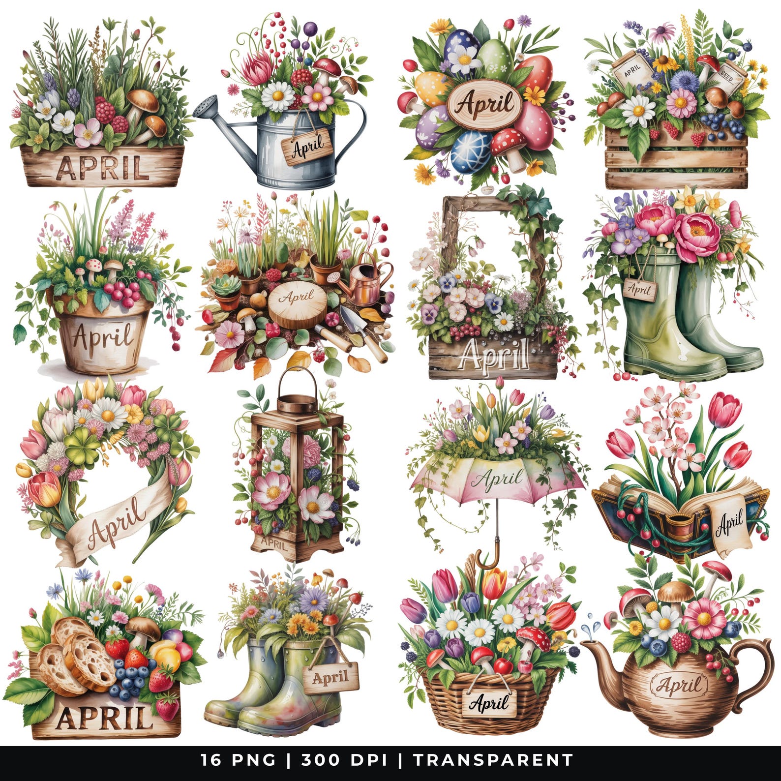 16 April Calendar Clipart | Spring Floral Boots & Umbrella PNG | Garden ...