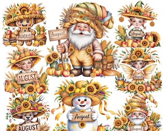 Agosto Santa y sus amigos / Personajes navideños de aventuras / Calendario mensual 15 PNG