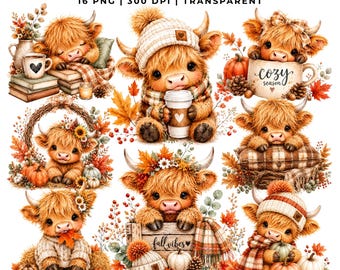 16 Baby Highland Cow Fall Clipart | Watercolor Autumn PNG | Farm Animal, Cozy Seasonal, Pumpkin