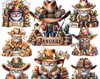 Cowboy Gnome Calendar Clipart | Western Monthly PNG (38 Files)