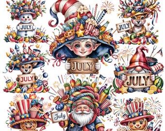 July Santa & Friends | Fireworks Christmas Characters | Monthly Calendar 15 PNG